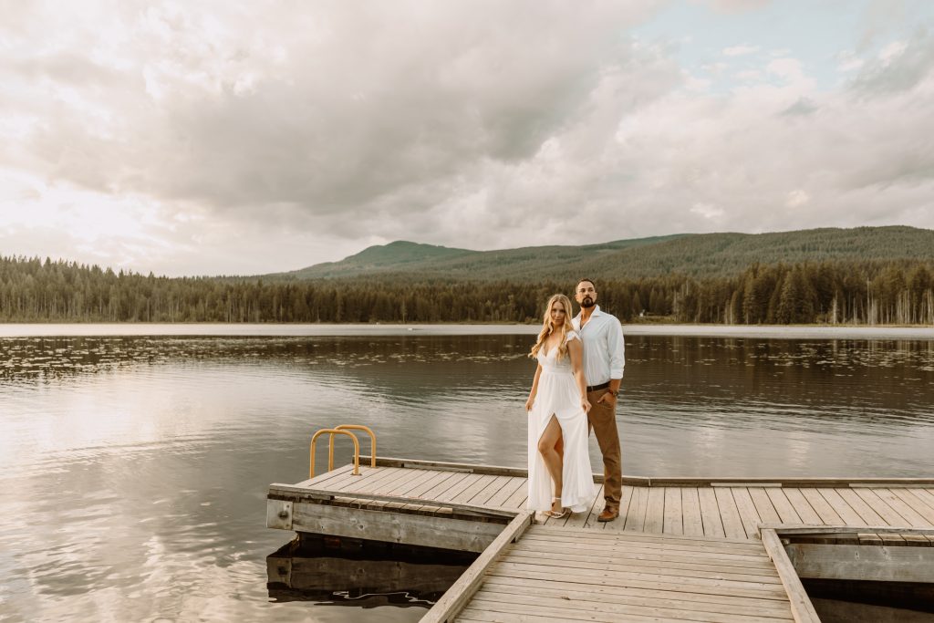 Candid laughter by Whonnock Lake at sunset, Fraser Valley wedding photography