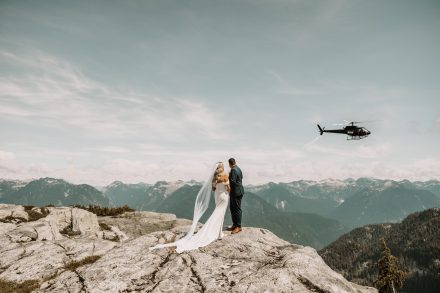 Helicopter elopement at the top of the mountain peeks over the fraser valley. Helicopter flight with Sky helicopters. bridal portraits