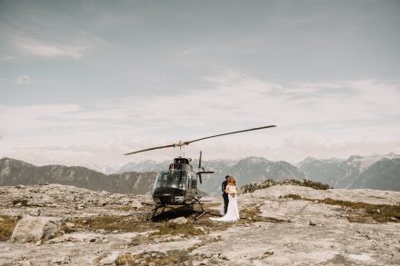 Helicopter elopement at the top of the mountain peeks over the fraser valley. Helicopter flight with Sky helicopters