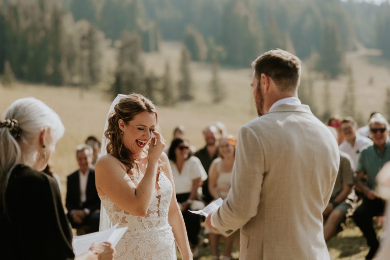 Emotional vows on their wedding day bringing tears to the brides eyes