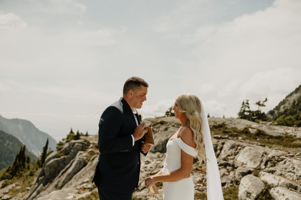 Bride and groom sharing their wedding vows on the mountain peeks of Vancouver BC while travelling by helicopter