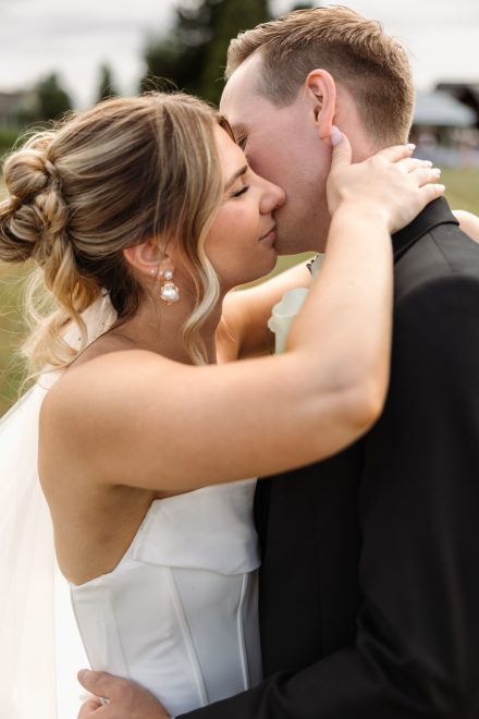 Natural light bride and groom portrait at a Fraser Valley backyard wedding