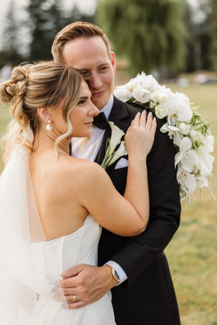 Natural light bride and groom portrait at a Fraser Valley backyard wedding