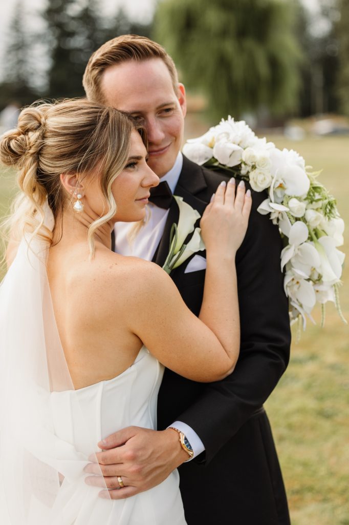 Natural light bride and groom portrait at a Fraser Valley backyard wedding