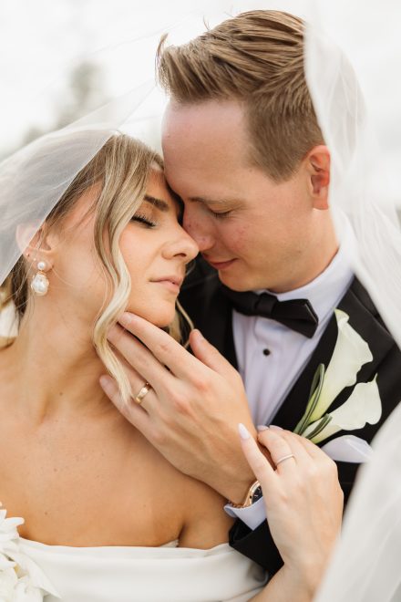 Natural light bride and groom portrait at a Fraser Valley backyard wedding