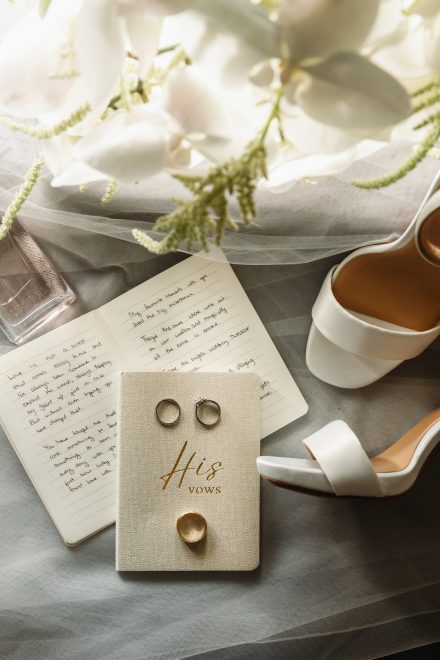 Melissas flat lay details, shoes, vow books, florals and rings