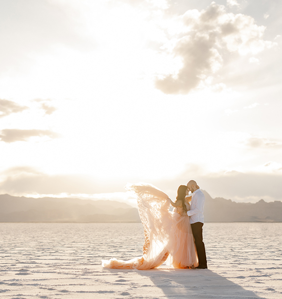 Nuvola in a gown on the salt flats of Utah