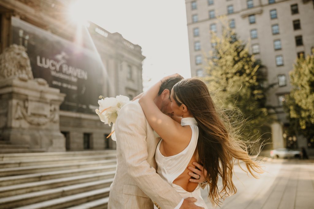 Bride on a Vancouver rooftop at golden hour