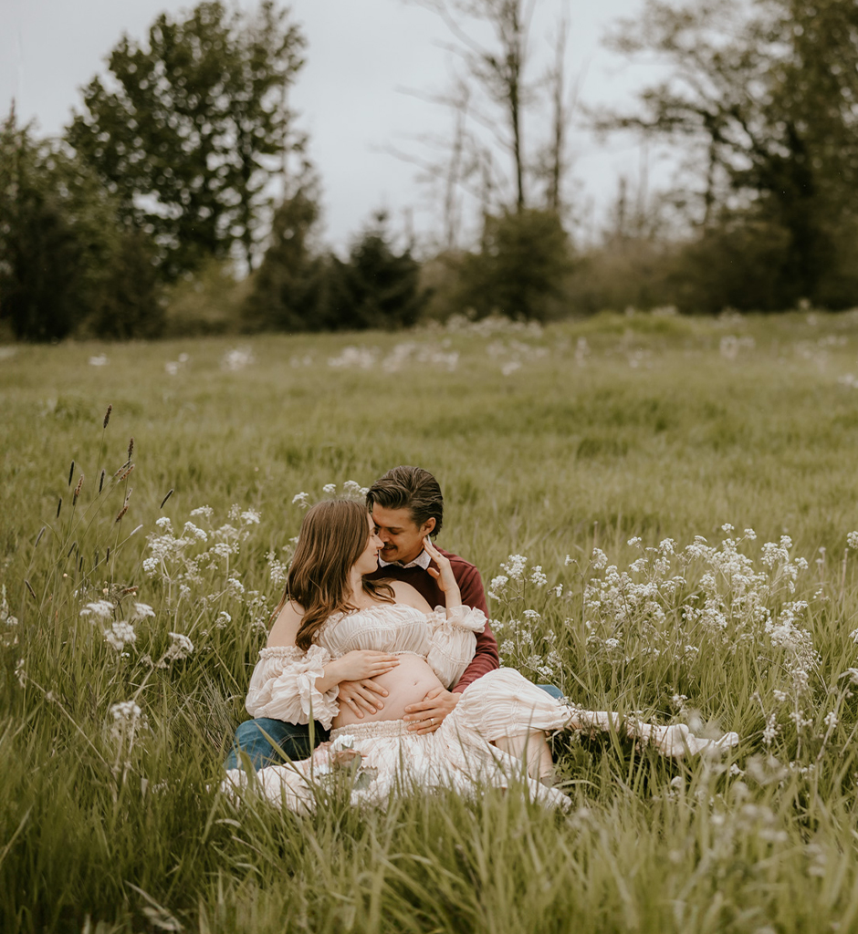 Alicia and Will during their maternity session in a Fraser Valley meadow